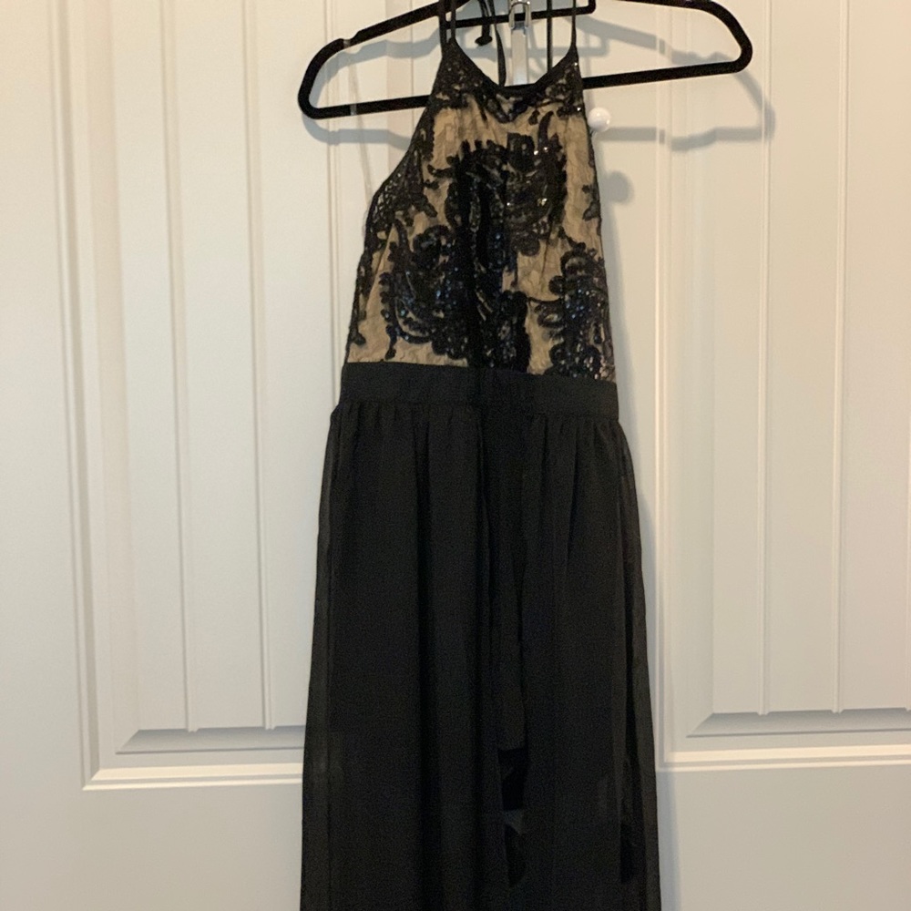 Black Romper with Lace Detail and Sheer Overlay